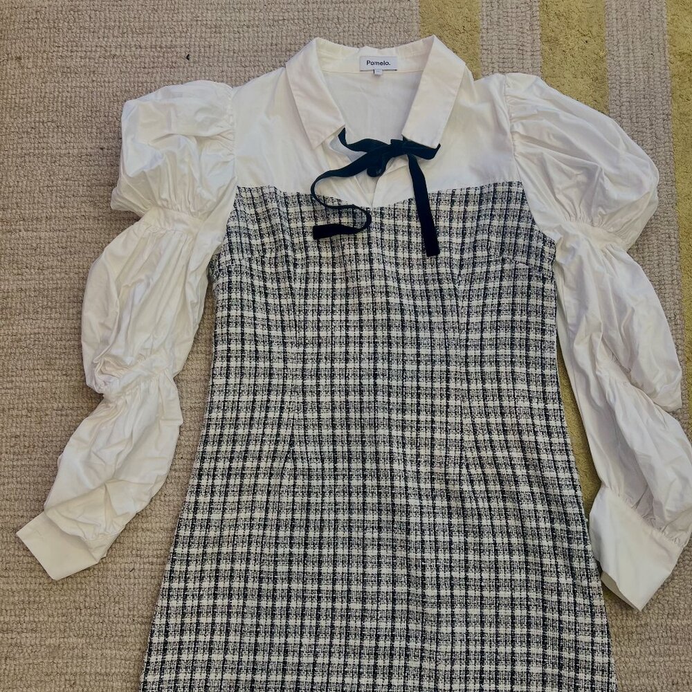 Pomelo Puff Sleeve Tweed Mini Dress with Velvet Bow